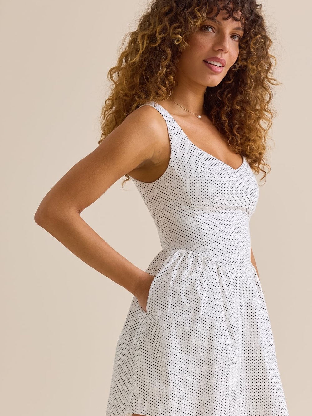 White Polka Dot Sleeveless Summer Dress